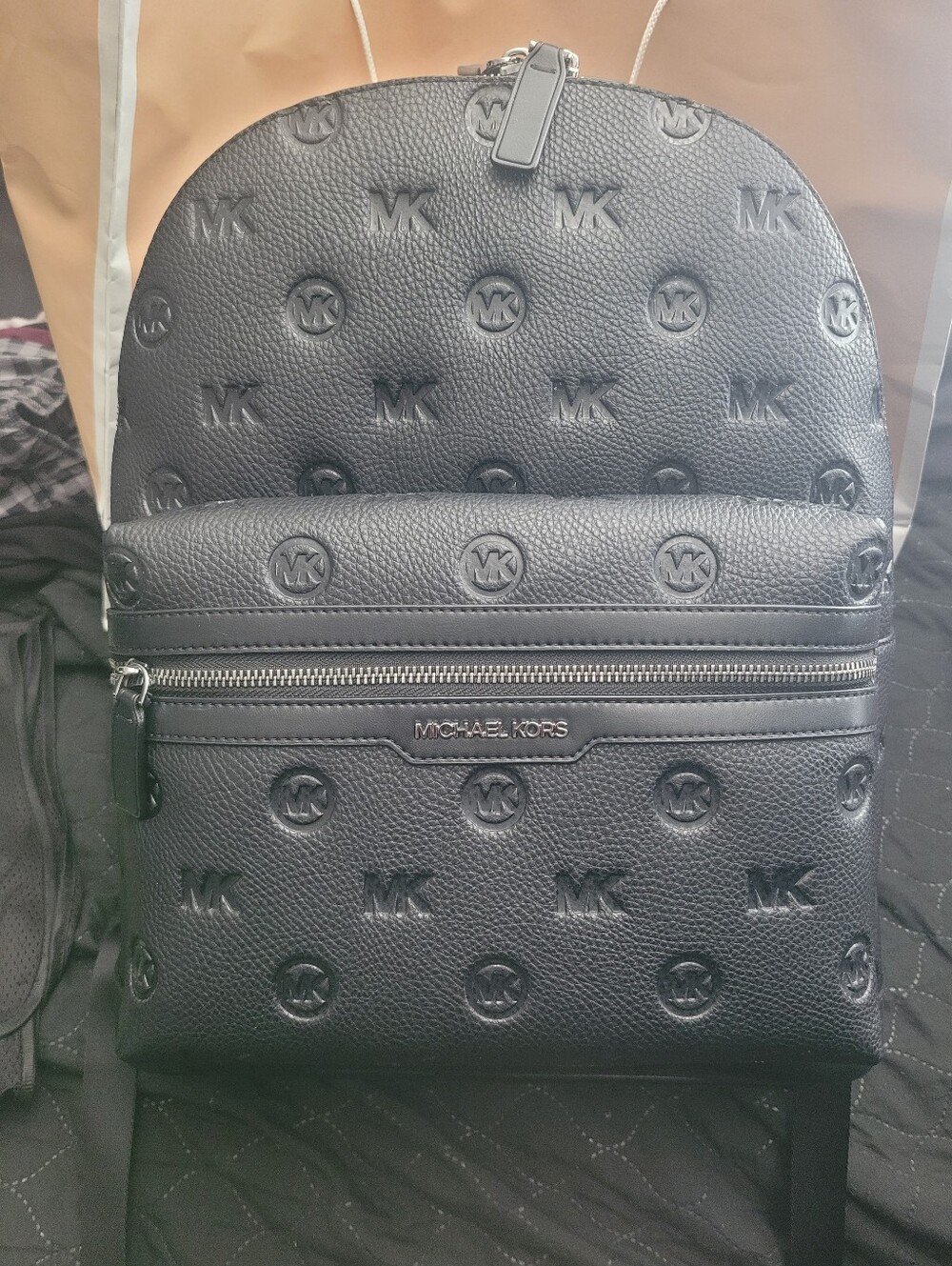 Michael Kors Black Embossed MK Leather Backpack